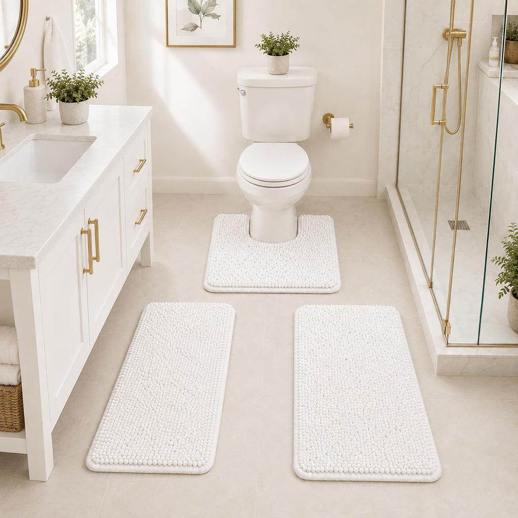 Bathroom Rugs Set Non Slip 3 Piece Bath Mat Washable Chenille Bath Rugs with PVC Backing Bath Carpet,Absorbent Bathroom Mats with Toilet Rug,Bath Mats for Bathroom,Bedroom, Kitchen,Tub,Home Decor