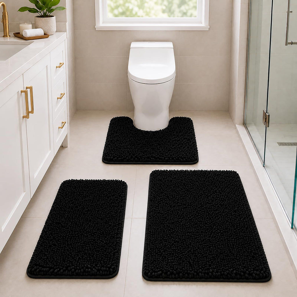 Bathroom Rugs Set Non Slip 3 Piece Bath Mat Washable Chenille Bath Rugs with PVC Backing Bath Carpet,Absorbent Bathroom Mats with Toilet Rug,Bath Mats for Bathroom,Bedroom, Kitchen,Tub,Home Decor