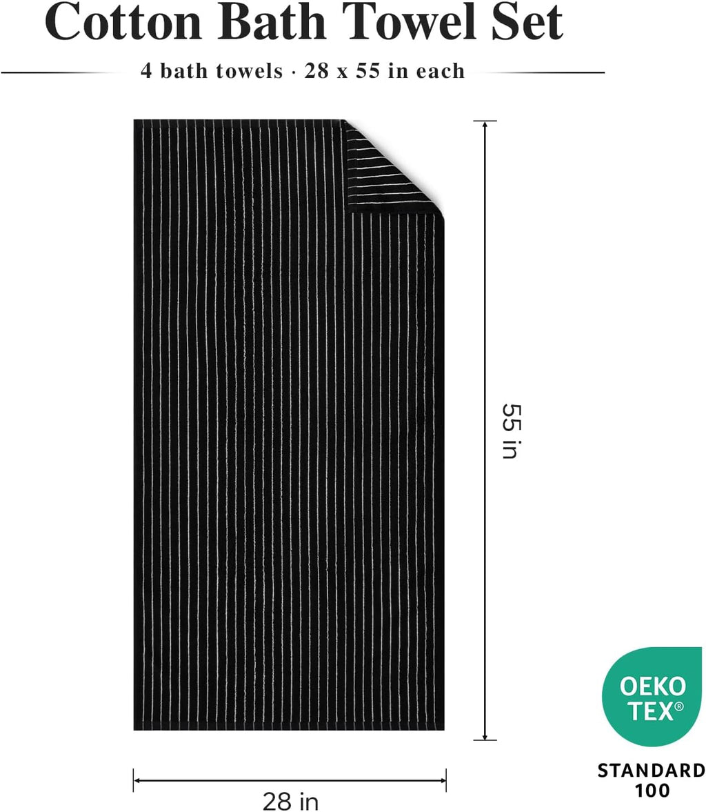 ecolook 4 Pack Premium Bath Towels, 100% Cotton Striped, 28x55 in, Black