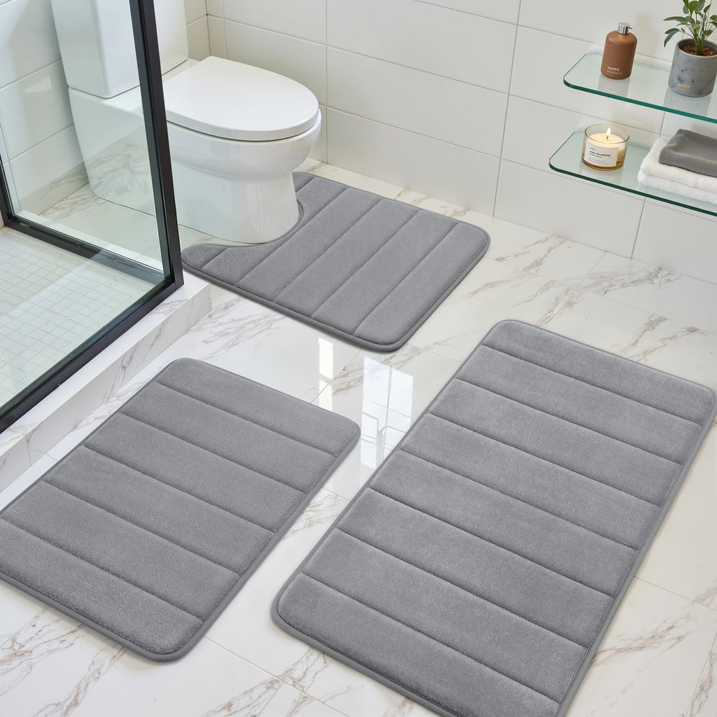 BYSURE Black Memory Foam Bathroom Rug Set 3 Piece 17"x24"+20"x32"+U Shape 20"x24"
