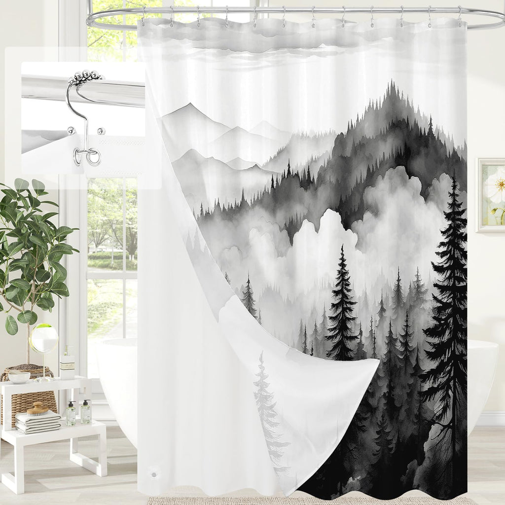 Dark Green Pine Forest Shower Curtain, Misty Woodland, 72 x 72 Inches