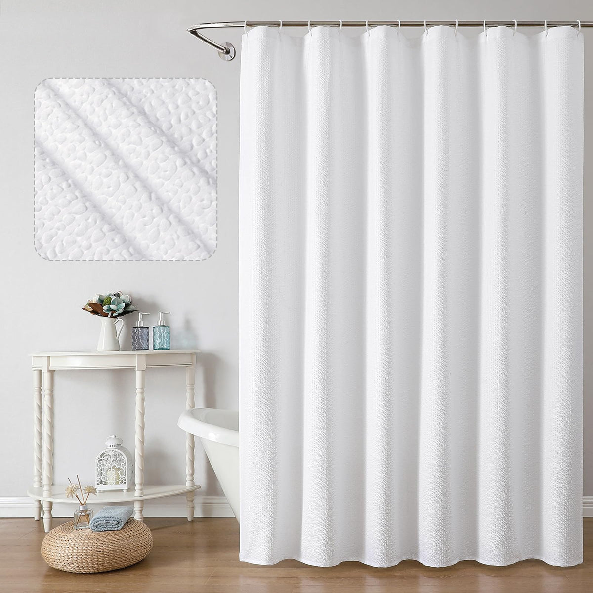 OWENIE White Shower Curtain for Bathroom 84 Inches Extra Long, Elegant 3D Embossed Textured Cloth Waffle Shower Curtain, Modern Luxury Hotel Style, Water Repellent, Machine Washable, 72X84, White