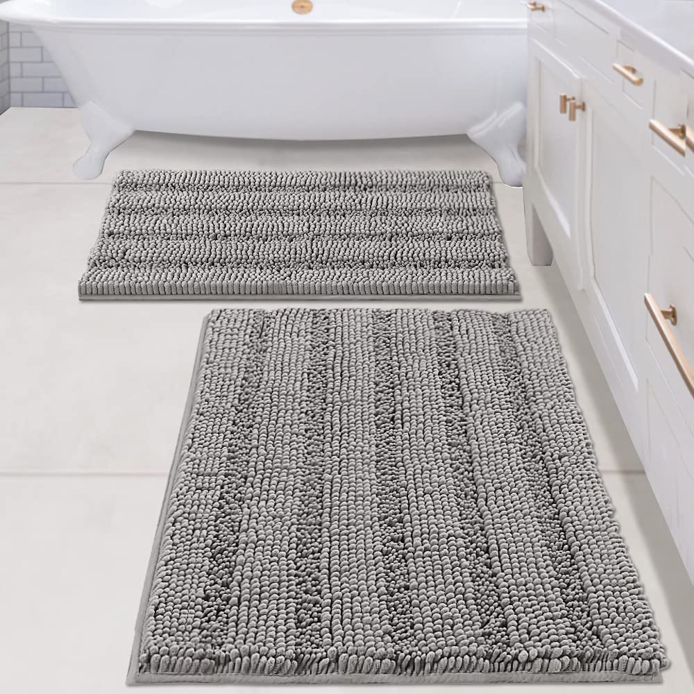 H.VERSAILTEX Sage Bathroom Rugs, Bath Mat Set of 2 Extra Thick Chenille Striped Pattern Shaggy Bath Rugs for Bath Room, Non Skid Bath Mats for Bathroom Floor (32 x 20 Plus 24 x 17 - Inches)