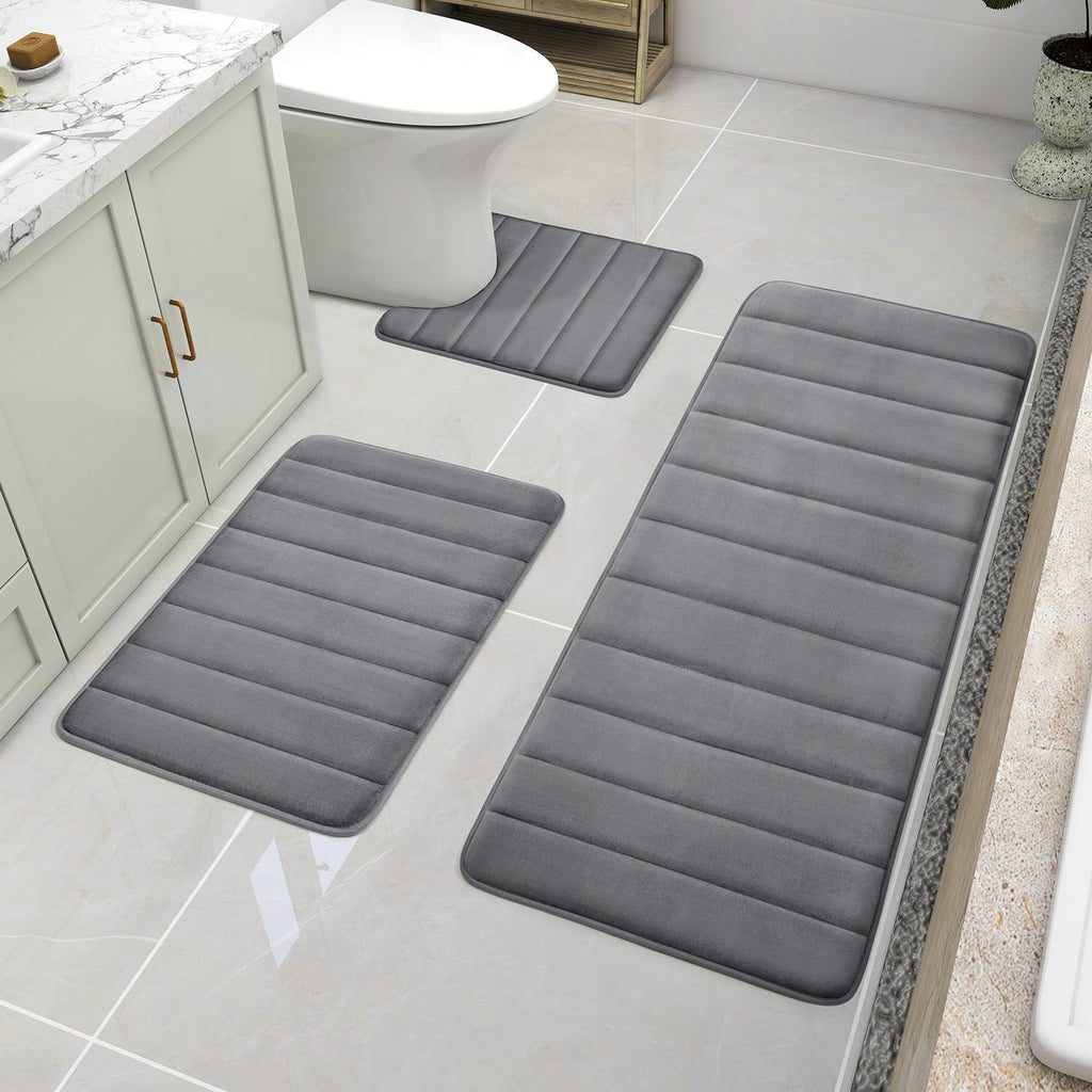 BYSURE Black Memory Foam Bathroom Rug Set 3 Piece 17"x24"+20"x32"+U Shape 20"x24"