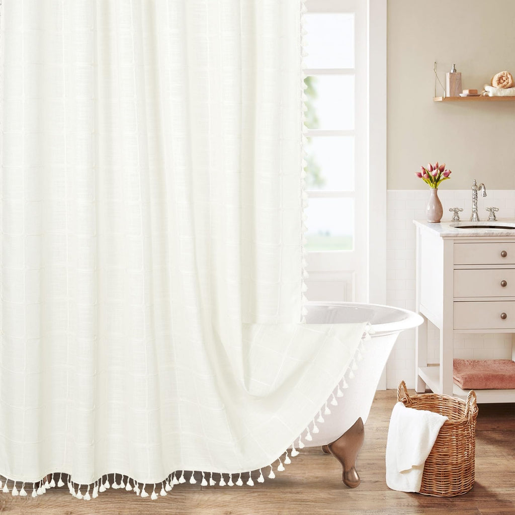 Boho Farmhouse Classic Plaid Linen Tassel Shower Curtain Blue,72x72