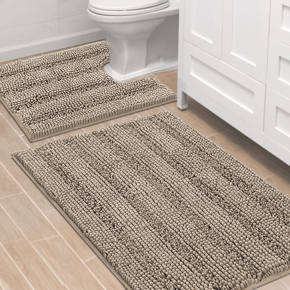 H.VERSAILTEX Sage Bathroom Rugs, Bath Mat Set of 2 Extra Thick Chenille Striped Pattern Shaggy Bath Rugs for Bath Room, Non Skid Bath Mats for Bathroom Floor (32 x 20 Plus 24 x 17 - Inches)