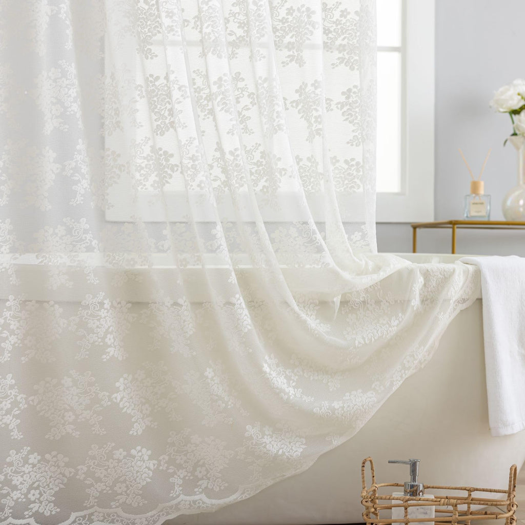 TUDECO White Lace Shower Curtain with Attached Valance 72 x 72 Inch
