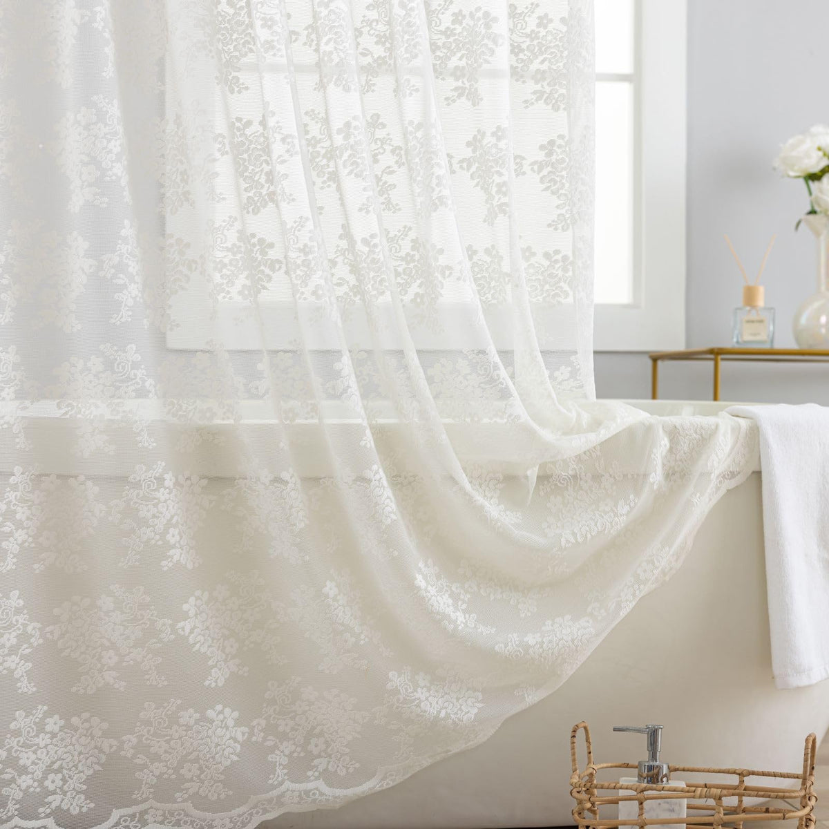 TUDECO White Lace Shower Curtain with Attached Valance 72 x 72 Inch