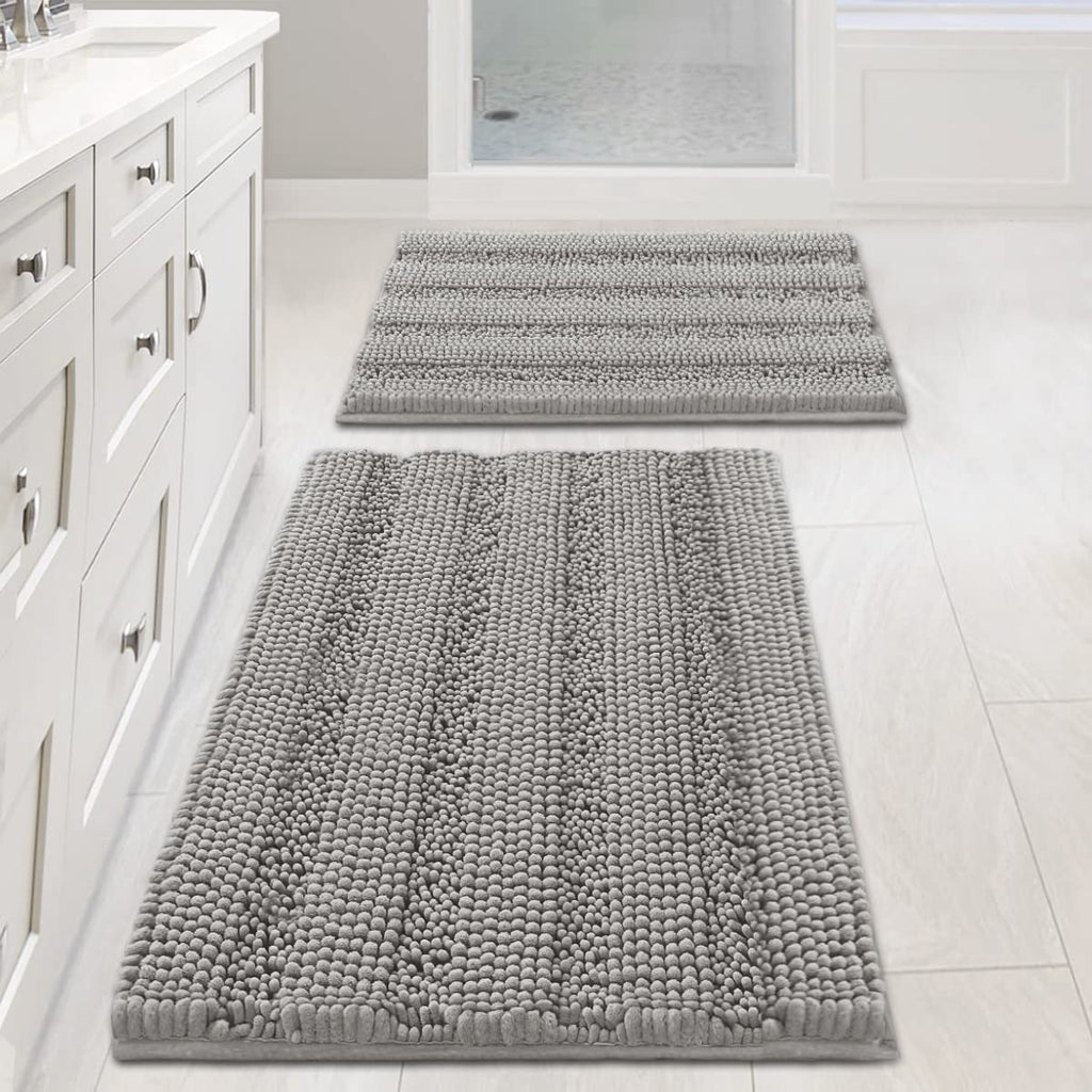 H.VERSAILTEX Sage Bathroom Rugs, Bath Mat Set of 2 Extra Thick Chenille Striped Pattern Shaggy Bath Rugs for Bath Room, Non Skid Bath Mats for Bathroom Floor (32 x 20 Plus 24 x 17 - Inches)