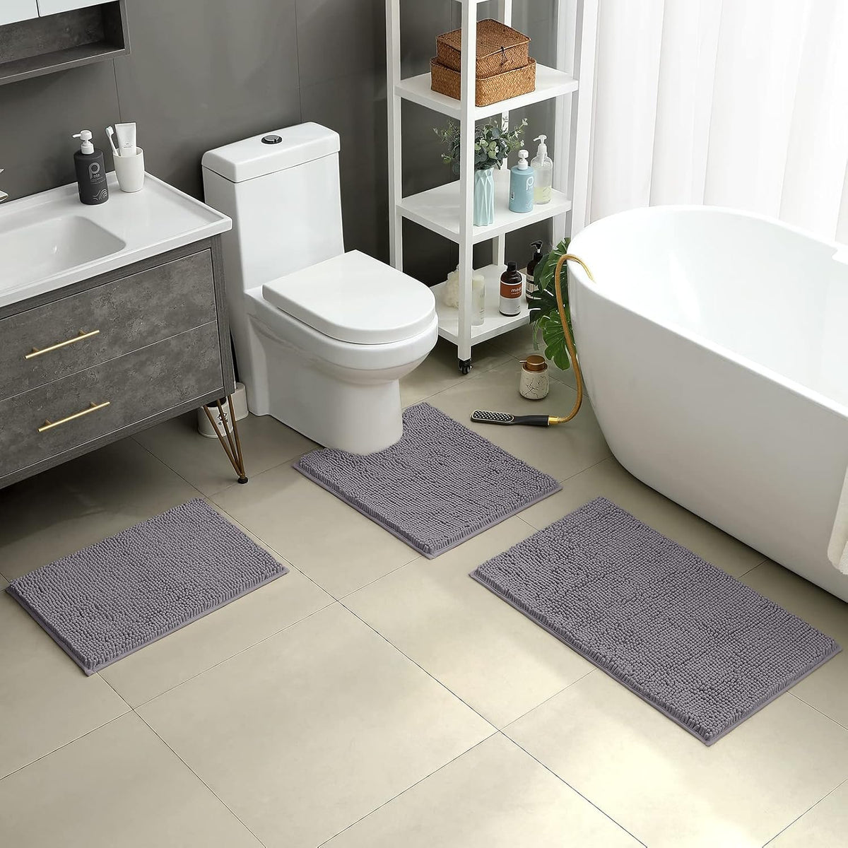 HOMEIDEAS Bathroom Rugs Set of 3, Super Soft Absorbent Chenille Bath Rugs