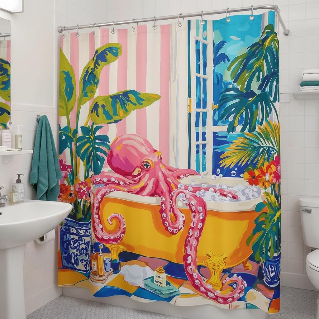 Accnicc Funny Octopus Shower Curtain Cute Boho Coastal Matisse Shower Curtains for Bathroom Green Tropical Plants Pink Decorative Unique Waterproof Fabric Bath Curtain Decor 72 X 72 Inches