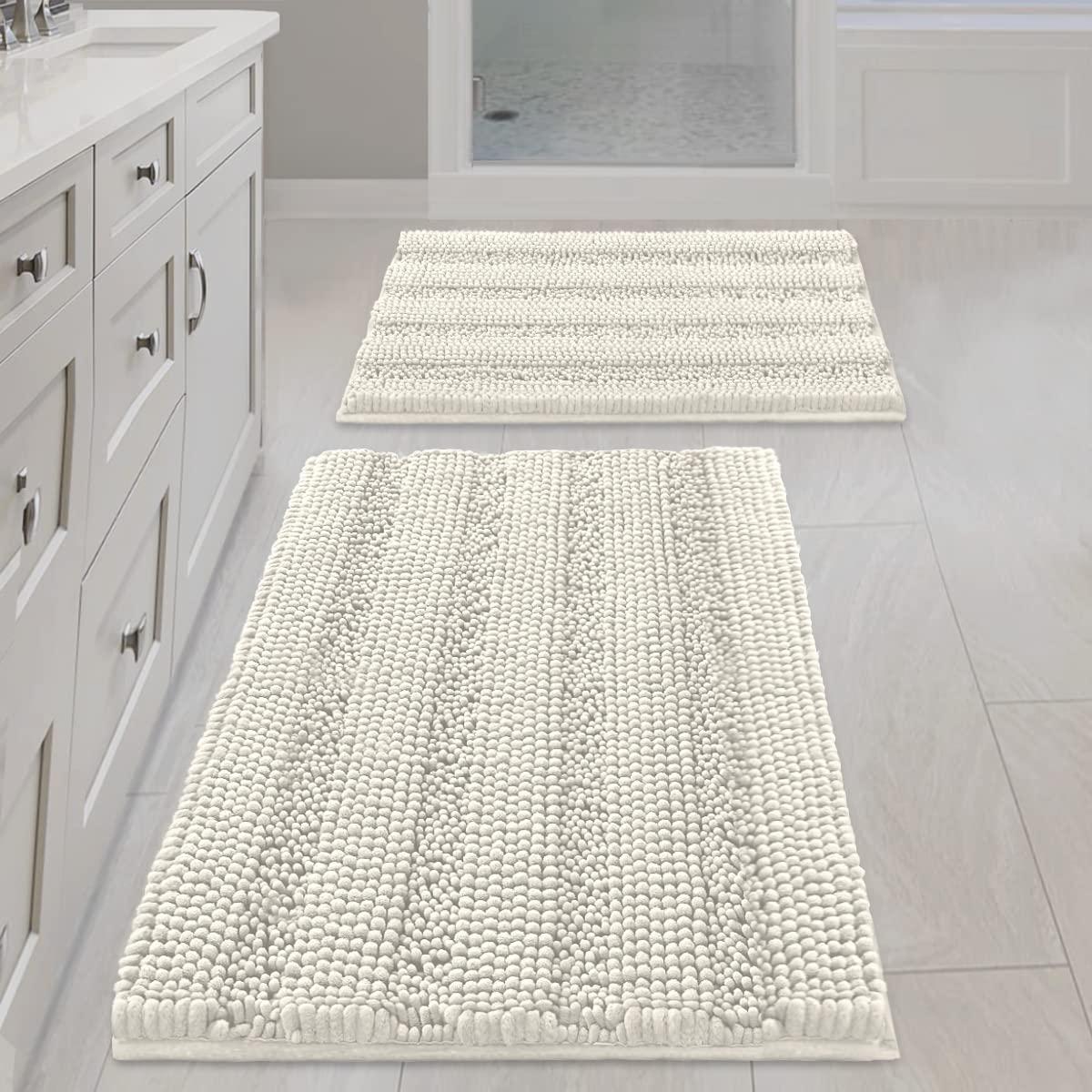 H.VERSAILTEX Sage Bathroom Rugs, Bath Mat Set of 2 Extra Thick Chenille Striped Pattern Shaggy Bath Rugs for Bath Room, Non Skid Bath Mats for Bathroom Floor (32 x 20 Plus 24 x 17 - Inches)
