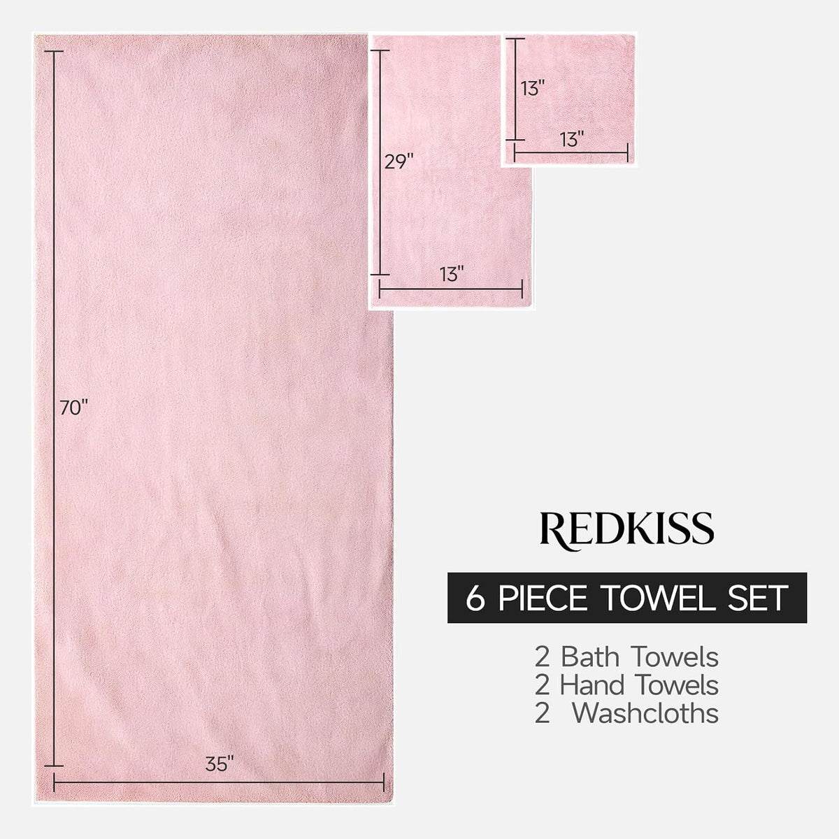 REDKISS Pack of 6 Pink Towel Set - 2 Extra Large Bath, 2 Hand, 2 Washcloths, Ultra Soft & Highly Absorbent, Quicker to Dry, Towels for Bathroom, Spa, Hotel, Gym