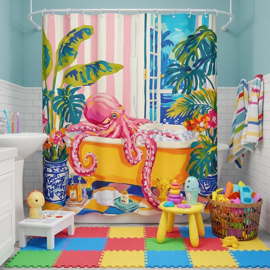 Accnicc Funny Octopus Shower Curtain Cute Boho Coastal Matisse Shower Curtains for Bathroom Green Tropical Plants Pink Decorative Unique Waterproof Fabric Bath Curtain Decor 72 X 72 Inches