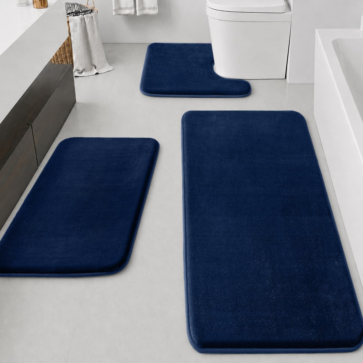 HUXMEYSON Bathroom Rugs Sets 2 Piece, Non-Slip & Quick Dry Bath Mat Set, Ultra Soft Velvet Bath Rugs for Bathroom, Toilet and Shower Floor, Navy