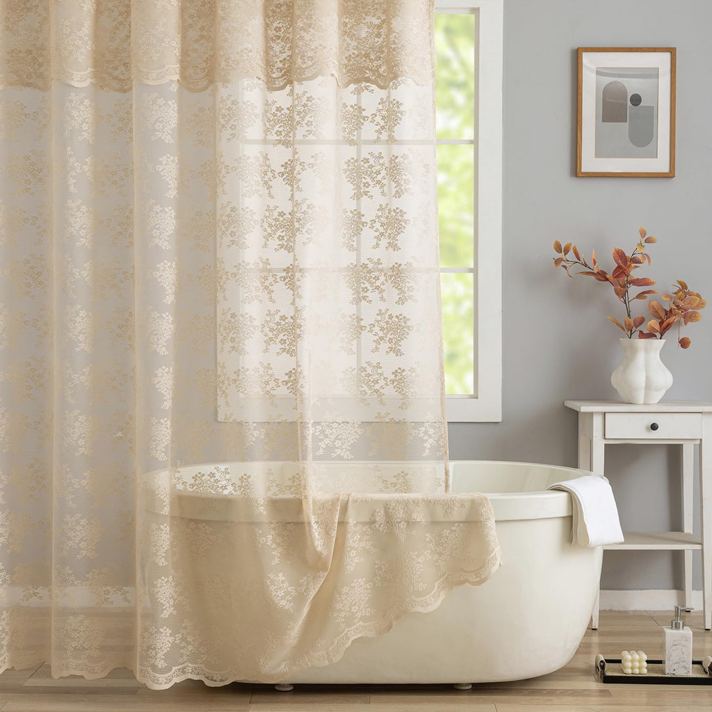 TUDECO White Lace Shower Curtain with Attached Valance 72 x 72 Inch