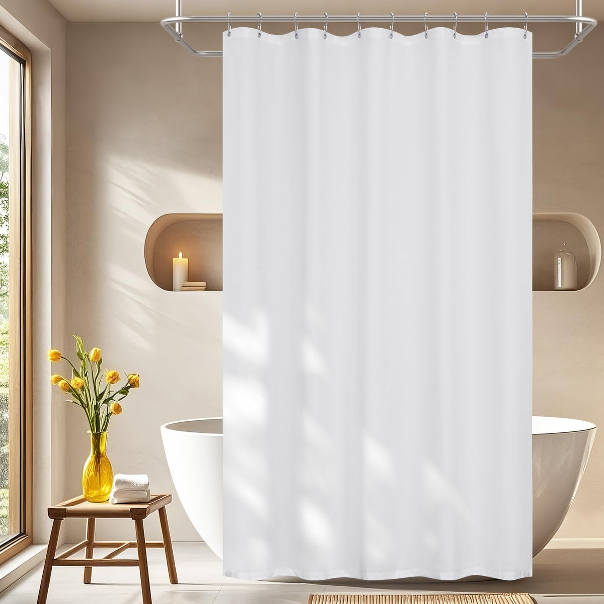 Seenus Baby Pink Ruffle Shower Curtain with Waterproof TPU Backed, Soft Microfiber Lovely French Ruched Shower Curtain, 72 x 72 Inch Bathroom 2 in 1 Washable Fabric Shower Curtain with TPU Lining