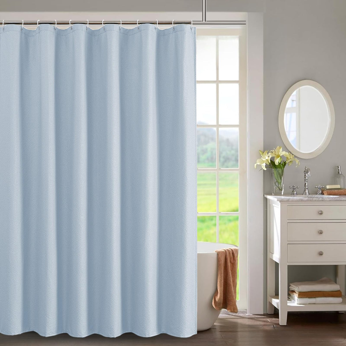 OWENIE White Shower Curtain for Bathroom 84 Inches Extra Long, Elegant 3D Embossed Textured Cloth Waffle Shower Curtain, Modern Luxury Hotel Style, Water Repellent, Machine Washable, 72X84, White