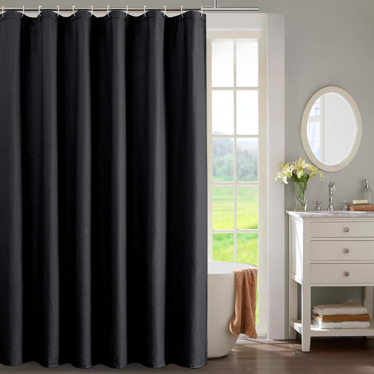 OWENIE White Shower Curtain for Bathroom 84 Inches Extra Long, Elegant 3D Embossed Textured Cloth Waffle Shower Curtain, Modern Luxury Hotel Style, Water Repellent, Machine Washable, 72X84, White