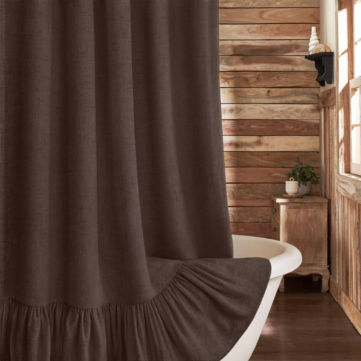 Farmhouse Shower Curtain Ruffle Linen Cream-Beige Stripe 72"W x 72"L