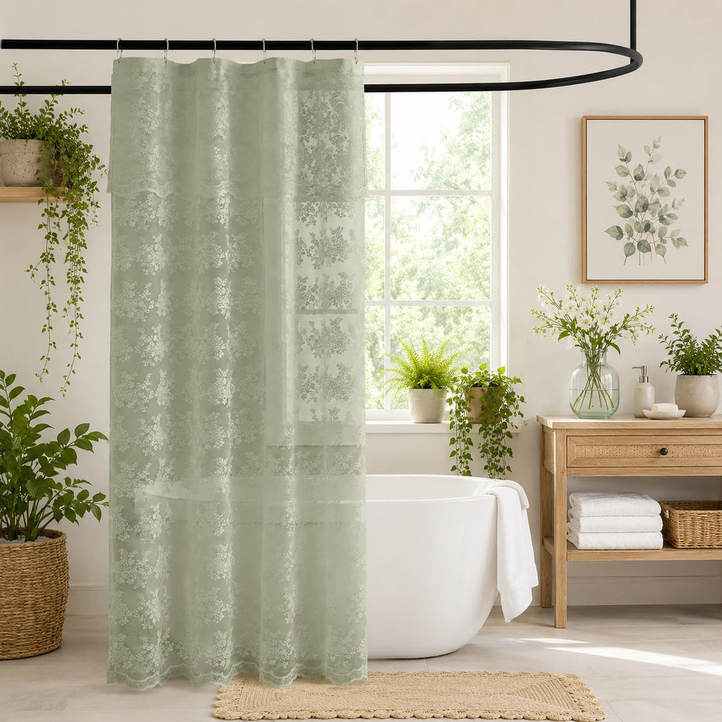 TUDECO White Lace Shower Curtain with Attached Valance 72 x 72 Inch