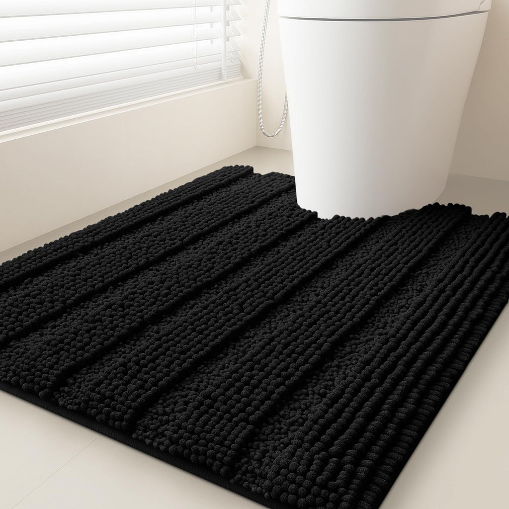 ACCUMTEK Striped Navy Blue Bathroom Rug Set 3 Pieces Ultra Soft, Non Slip Chenille Toilet Mat, Absorbent Plush Shaggy Bath Mats for Bathroom, Bedroom, Kitchen