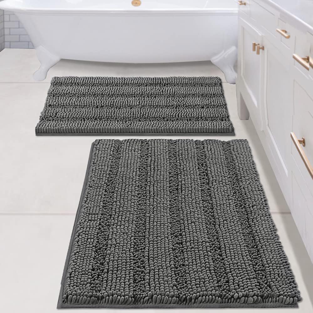 H.VERSAILTEX Sage Bathroom Rugs, Bath Mat Set of 2 Extra Thick Chenille Striped Pattern Shaggy Bath Rugs for Bath Room, Non Skid Bath Mats for Bathroom Floor (32 x 20 Plus 24 x 17 - Inches)