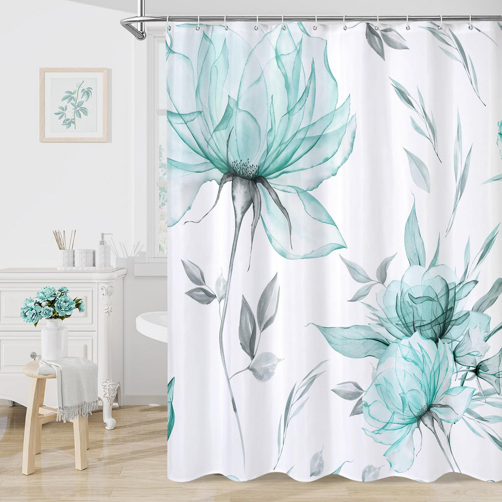 Blue Boho Floral Shower Curtain, Watercolor Botanical Design, 72 x 72