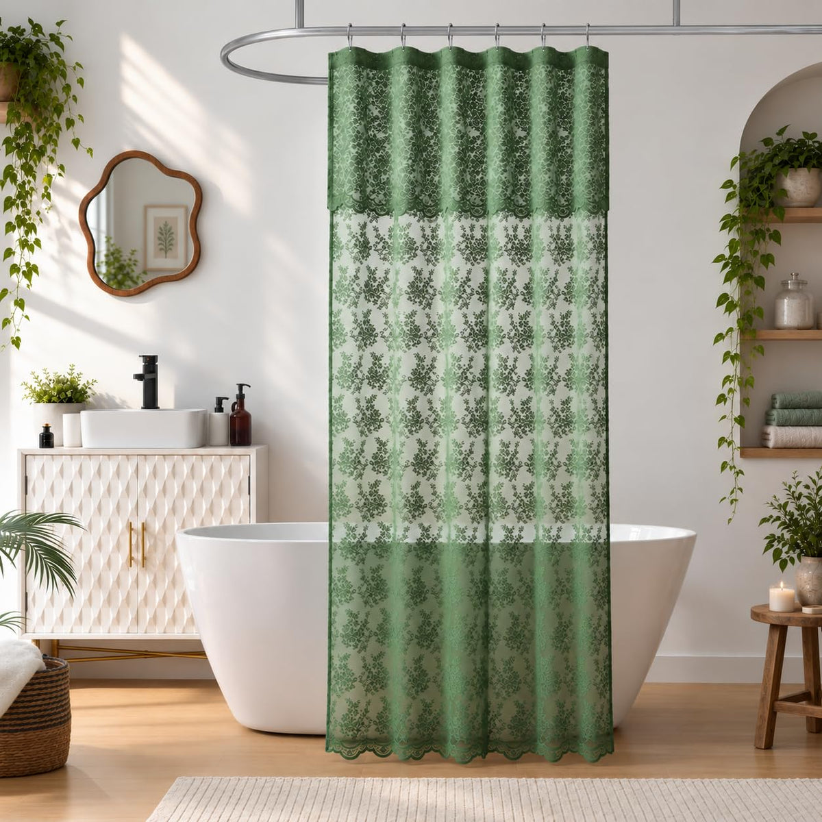 TUDECO White Lace Shower Curtain with Attached Valance 72 x 72 Inch