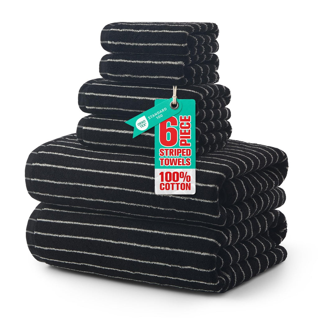 ecolook Premium Bath Towel Set of 6 Pieces – 100% Cotton, Super Absorbent & Quick Dry, Striped Towels for Bathroom, Spa & Swim – 2 Bath, 2 Hand, 2 Washcloths, Olive Green