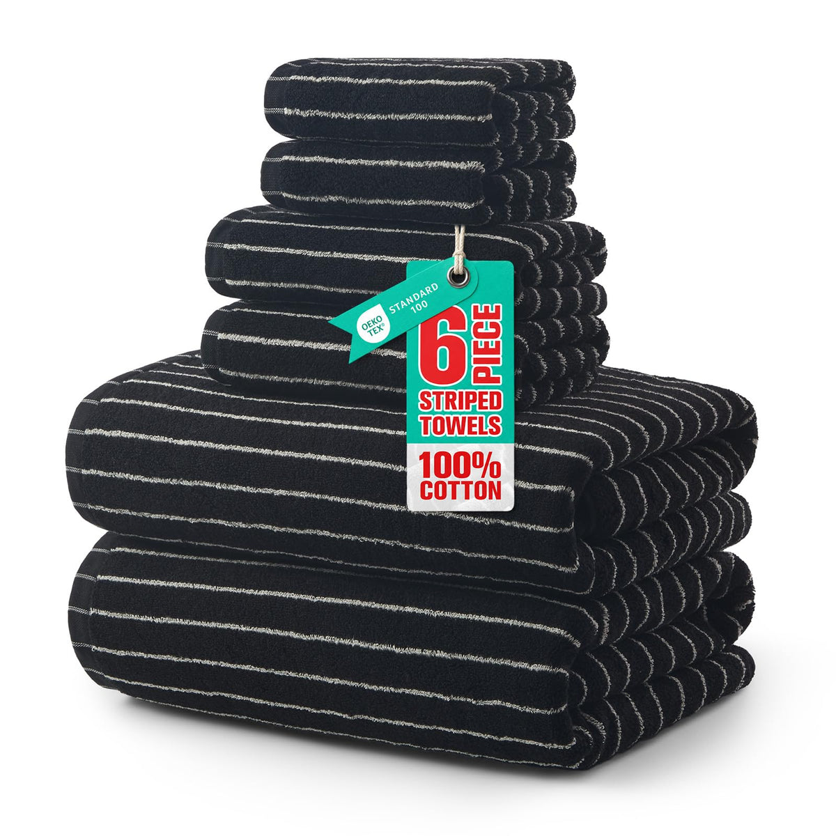 ecolook Premium Bath Towel Set of 6 Pieces – 100% Cotton, Super Absorbent & Quick Dry, Striped Towels for Bathroom, Spa & Swim – 2 Bath, 2 Hand, 2 Washcloths, Olive Green
