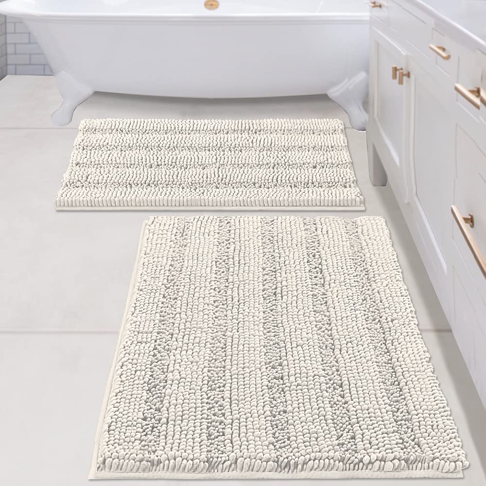 H.VERSAILTEX Sage Bathroom Rugs, Bath Mat Set of 2 Extra Thick Chenille Striped Pattern Shaggy Bath Rugs for Bath Room, Non Skid Bath Mats for Bathroom Floor (32 x 20 Plus 24 x 17 - Inches)