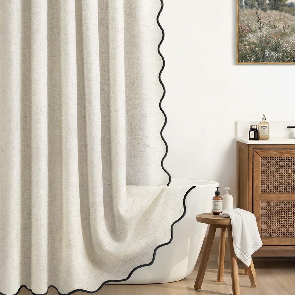 Scalloped Shower Curtain Linen Boho Beige 72" W x 72" L