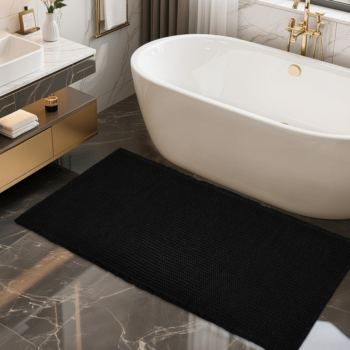 ZALL Waffle Bath Mat Boho Bathroom Mat Ultra Absorbent Non Slip 18x30 Tan