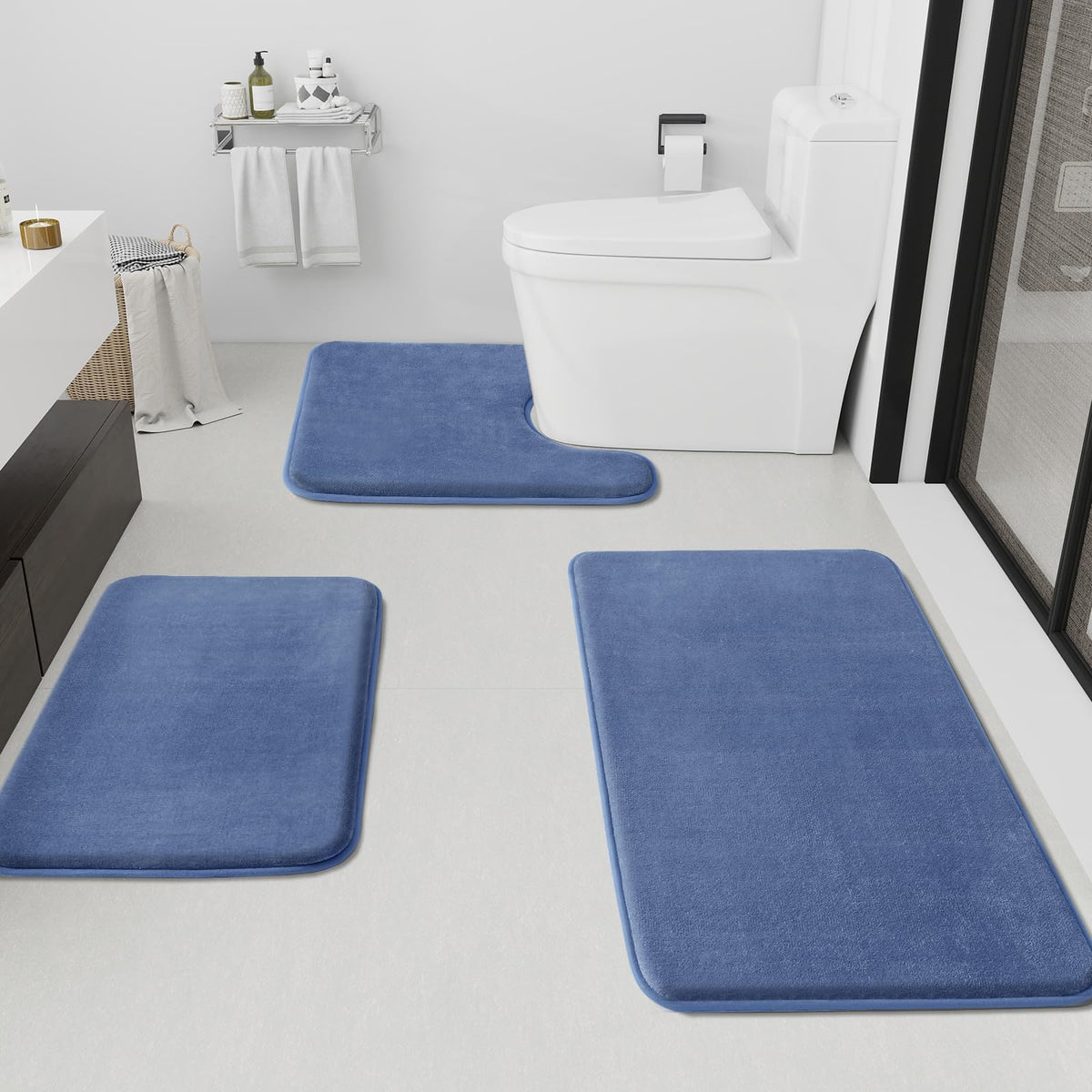 HUXMEYSON Bathroom Rugs Sets 2 Piece, Non-Slip & Quick Dry Bath Mat Set, Ultra Soft Velvet Bath Rugs for Bathroom, Toilet and Shower Floor, Navy