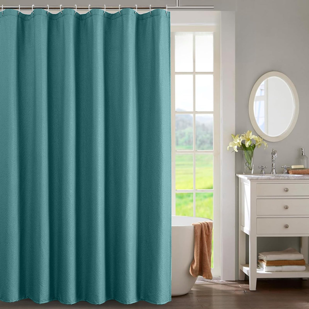 OWENIE White Shower Curtain for Bathroom 84 Inches Extra Long, Elegant 3D Embossed Textured Cloth Waffle Shower Curtain, Modern Luxury Hotel Style, Water Repellent, Machine Washable, 72X84, White