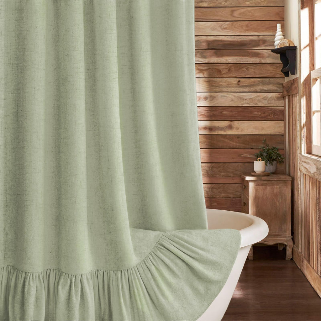 Farmhouse Shower Curtain Ruffle Linen Cream-Brown Stripe 72"W x 72"L