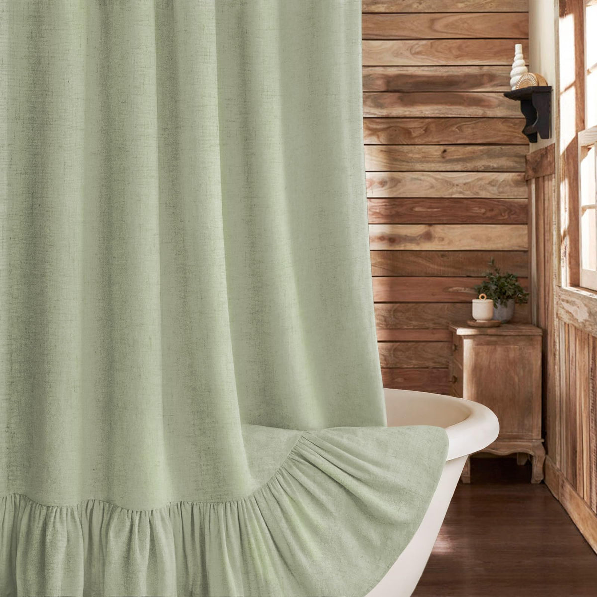 Farmhouse Shower Curtain Ruffle Linen Cream-Brown Stripe 72"W x 72"L