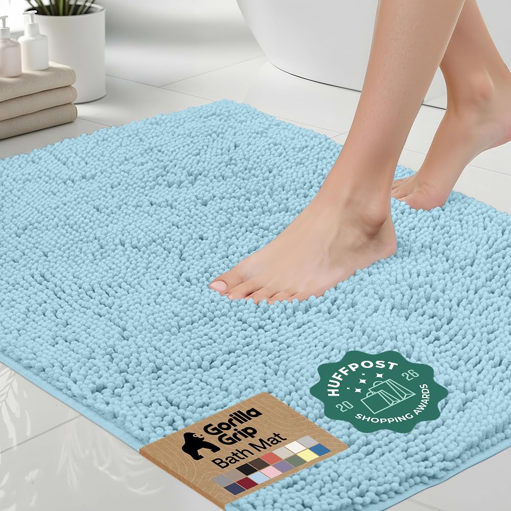 GORILLA GRIP Bath Rug Mat for Bathroom, Absorbent Chenille, 24x17 Blue