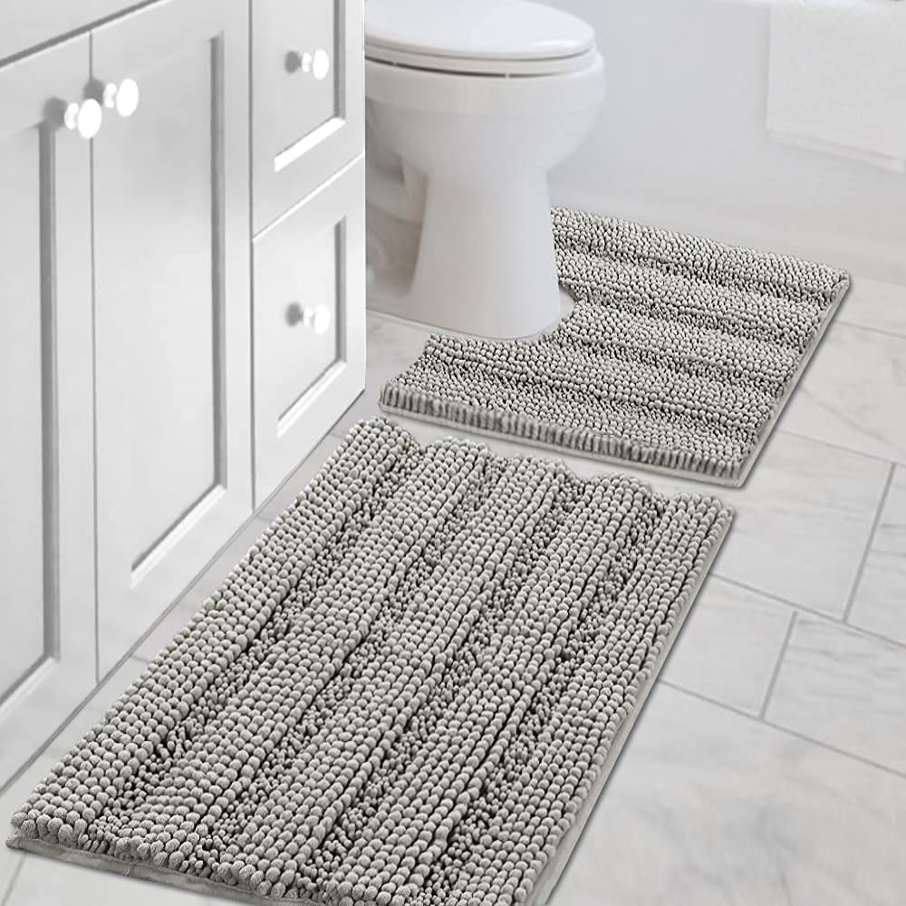 H.VERSAILTEX Sage Bathroom Rugs, Bath Mat Set of 2 Extra Thick Chenille Striped Pattern Shaggy Bath Rugs for Bath Room, Non Skid Bath Mats for Bathroom Floor (32 x 20 Plus 24 x 17 - Inches)