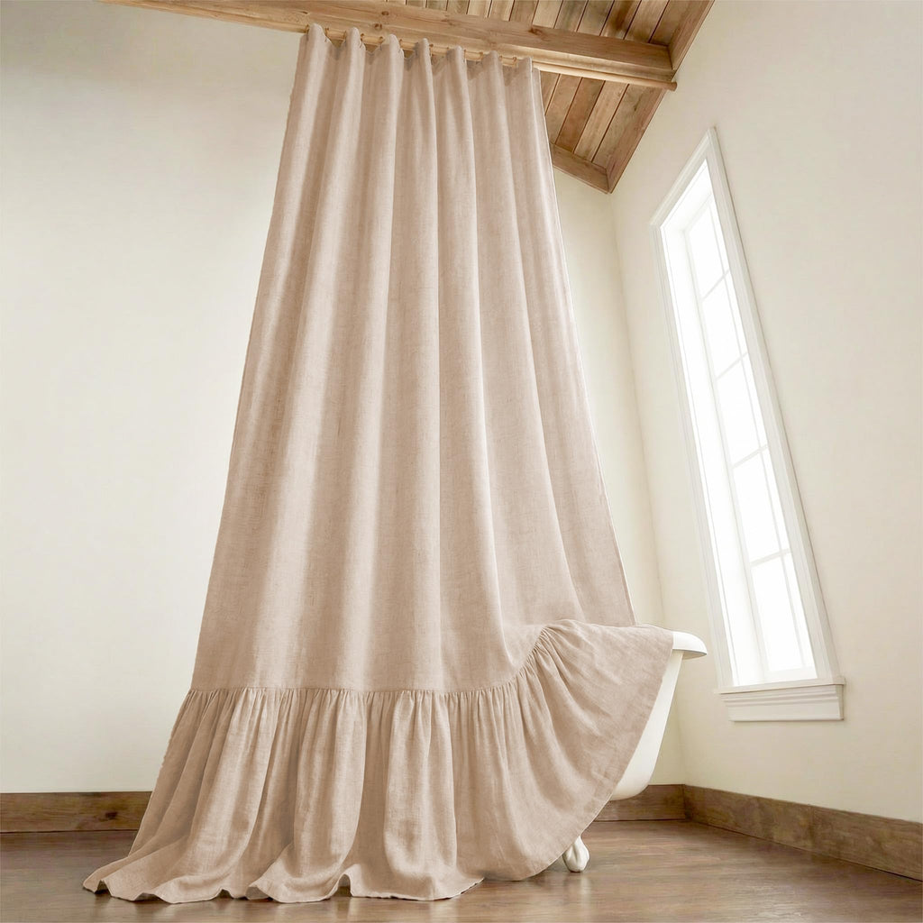 Farmhouse Shower Curtain Ruffle Linen Cream-Beige Stripe 72"W x 72"L