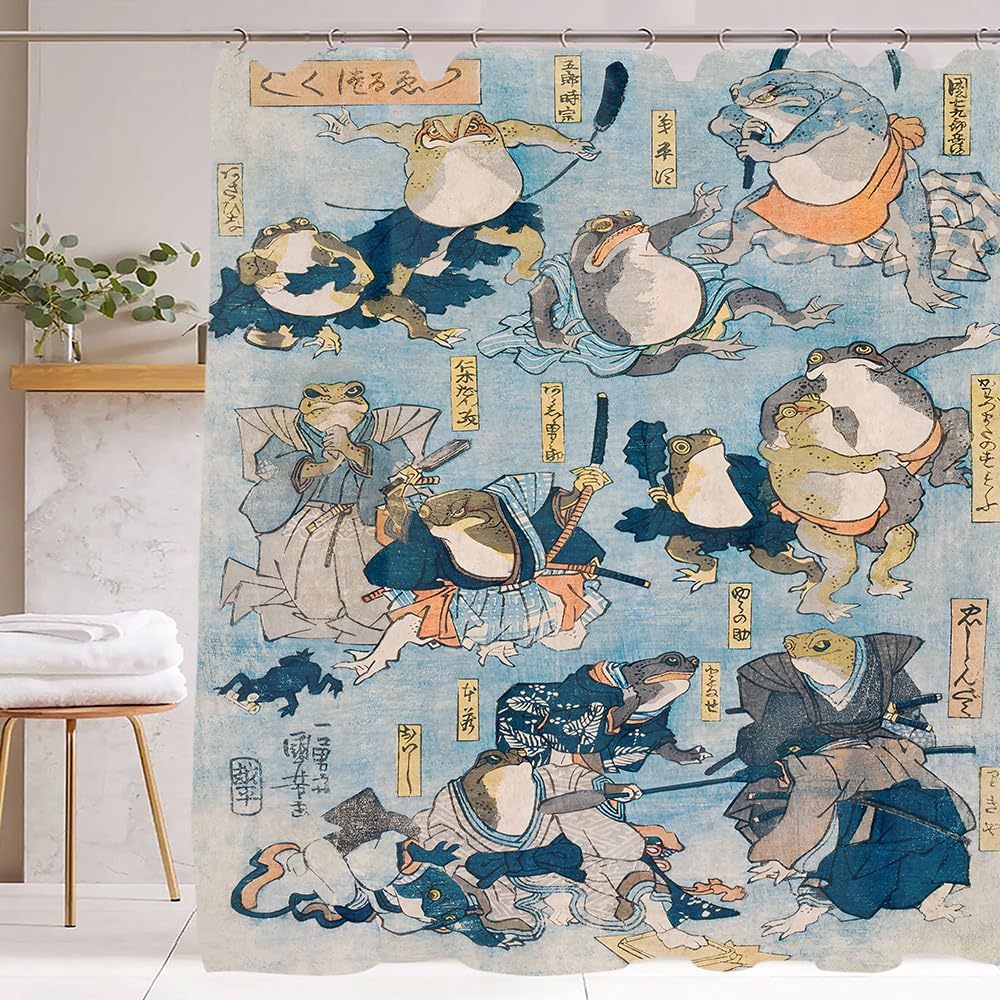 Unimpressed Frog Shower Curtain Ink Cute Funny Asian Style Traditional Japanese Art Bath Curtain Anime Waterproof and Fabric Curtain Cool for Bathroom 72x72inch