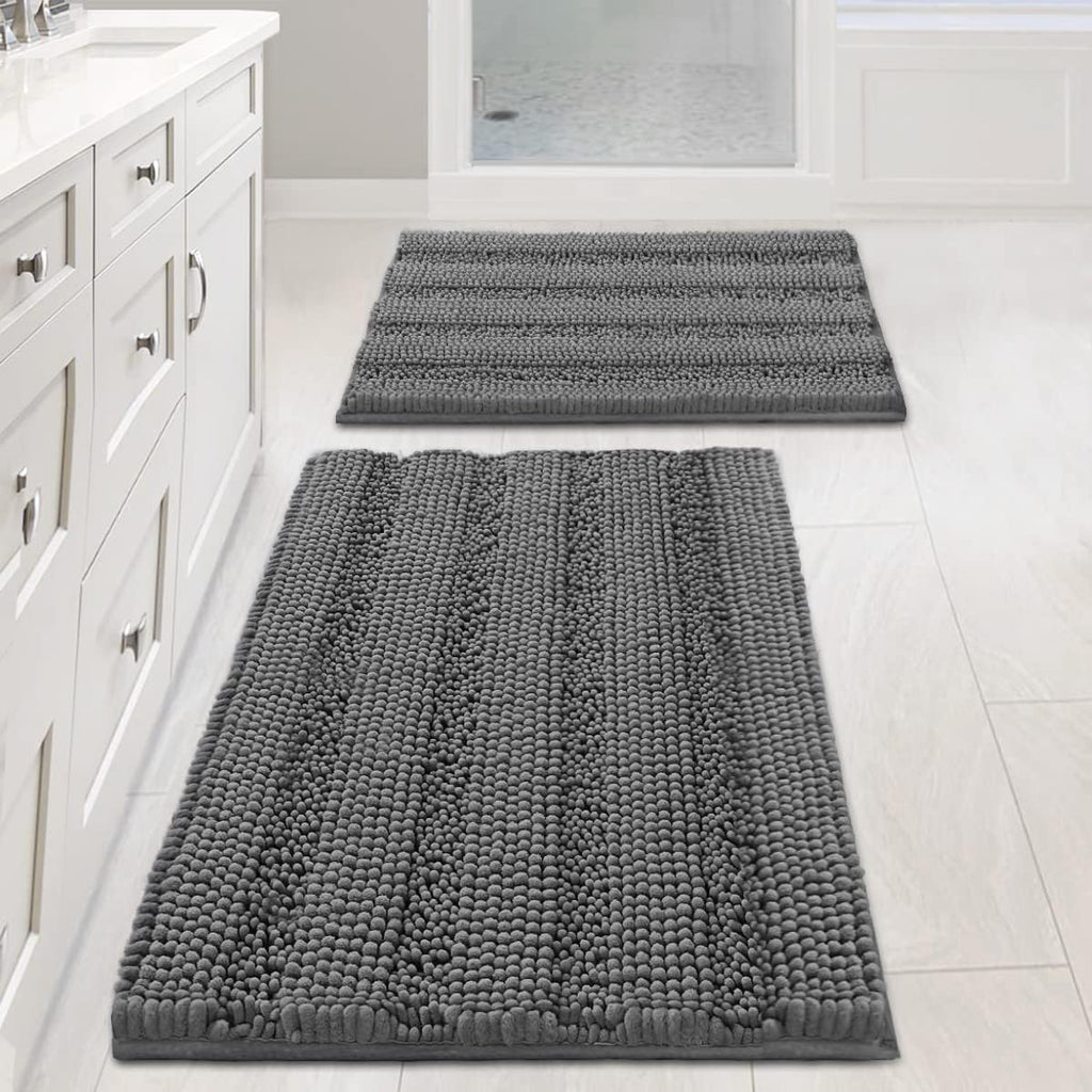 H.VERSAILTEX Sage Bathroom Rugs, Bath Mat Set of 2 Extra Thick Chenille Striped Pattern Shaggy Bath Rugs for Bath Room, Non Skid Bath Mats for Bathroom Floor (32 x 20 Plus 24 x 17 - Inches)