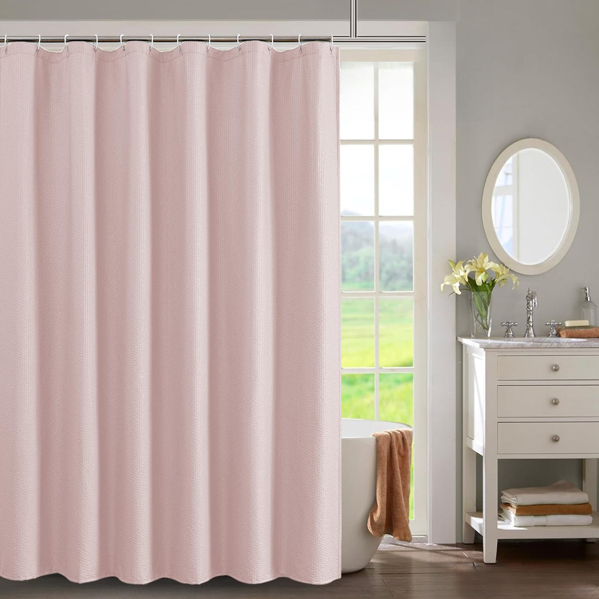 OWENIE White Shower Curtain for Bathroom 84 Inches Extra Long, Elegant 3D Embossed Textured Cloth Waffle Shower Curtain, Modern Luxury Hotel Style, Water Repellent, Machine Washable, 72X84, White