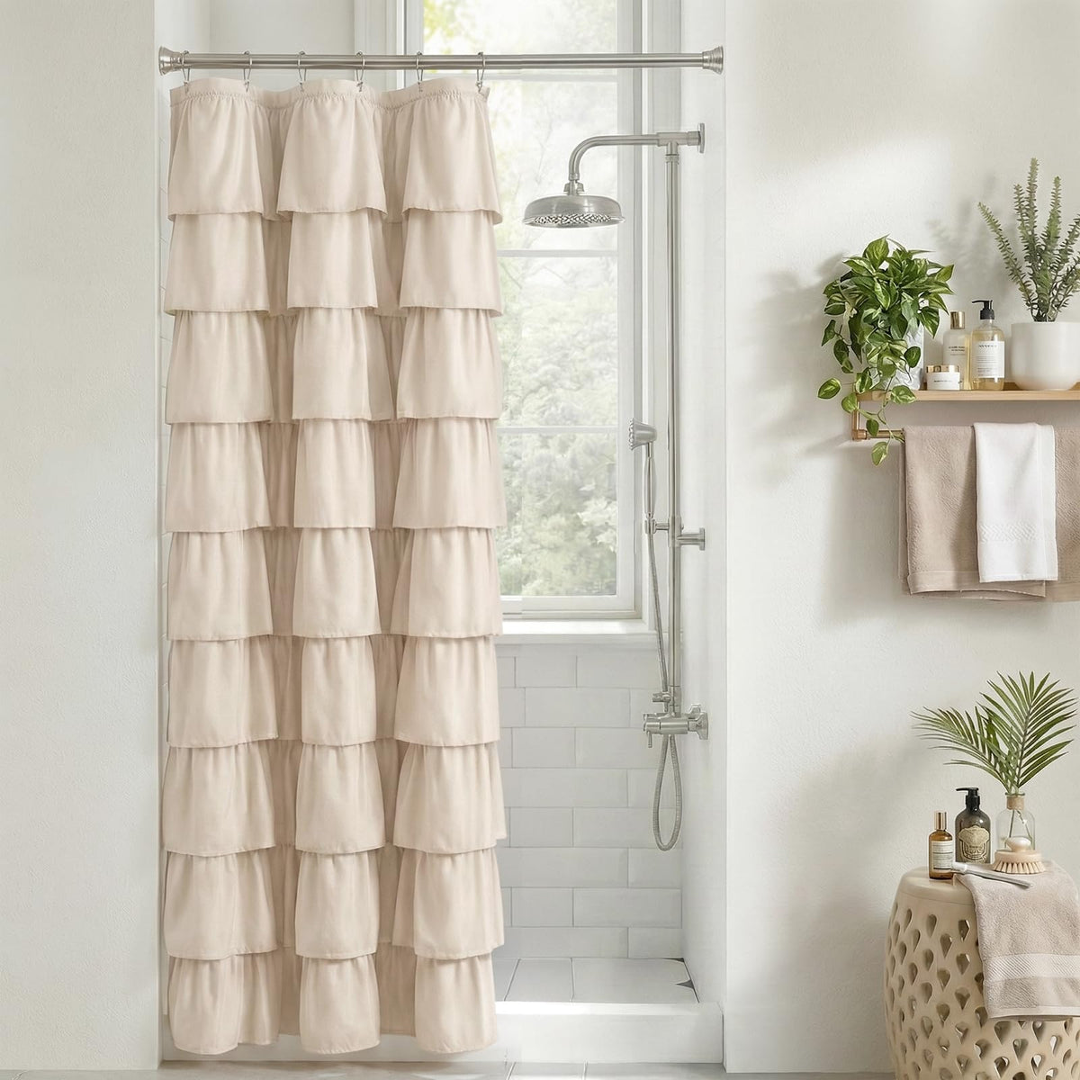Seasonwood Beige Ruffle Shower Curtain Neutral Shower Curtain 72 x 72