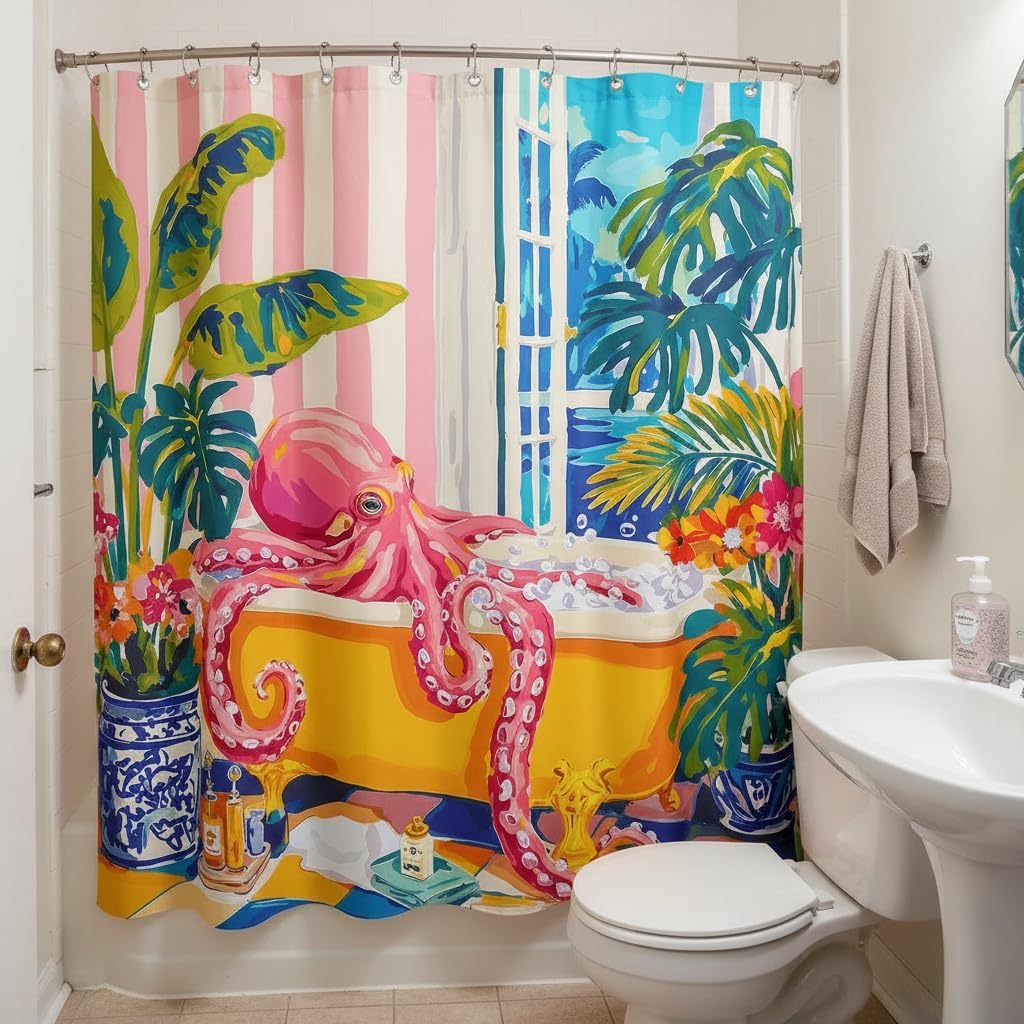 Accnicc Funny Octopus Shower Curtain Cute Boho Coastal Matisse Shower Curtains for Bathroom Green Tropical Plants Pink Decorative Unique Waterproof Fabric Bath Curtain Decor 72 X 72 Inches