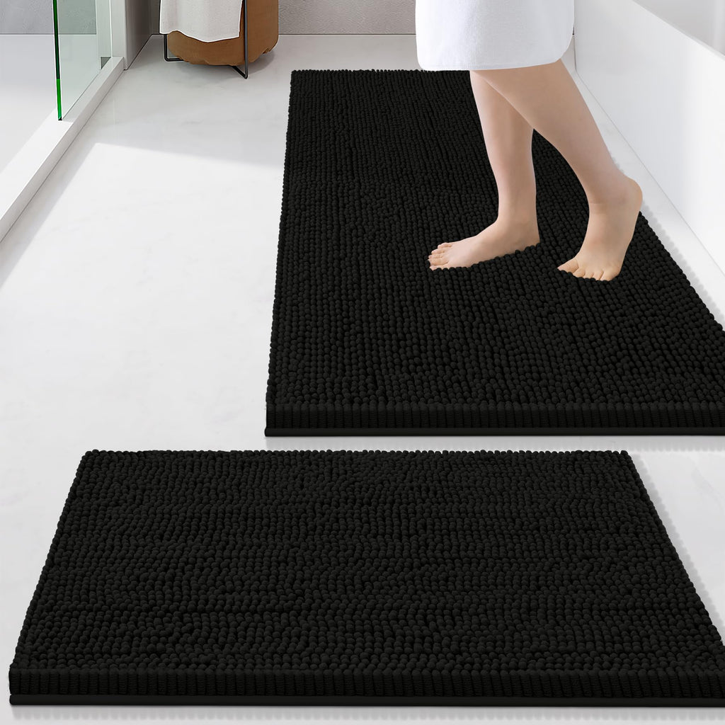 Smiry Chenille Bathroom Rugs Sets 2 Piece (30x20+24x16, Black)