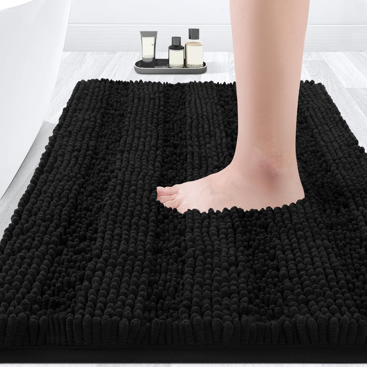 ACCUMTEK Striped Navy Blue Bathroom Rug Set 3 Pieces Ultra Soft, Non Slip Chenille Toilet Mat, Absorbent Plush Shaggy Bath Mats for Bathroom, Bedroom, Kitchen