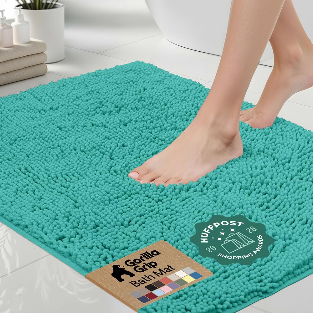 GORILLA GRIP Bath Rug Mat for Bathroom, Absorbent Chenille, 24x17 Blue