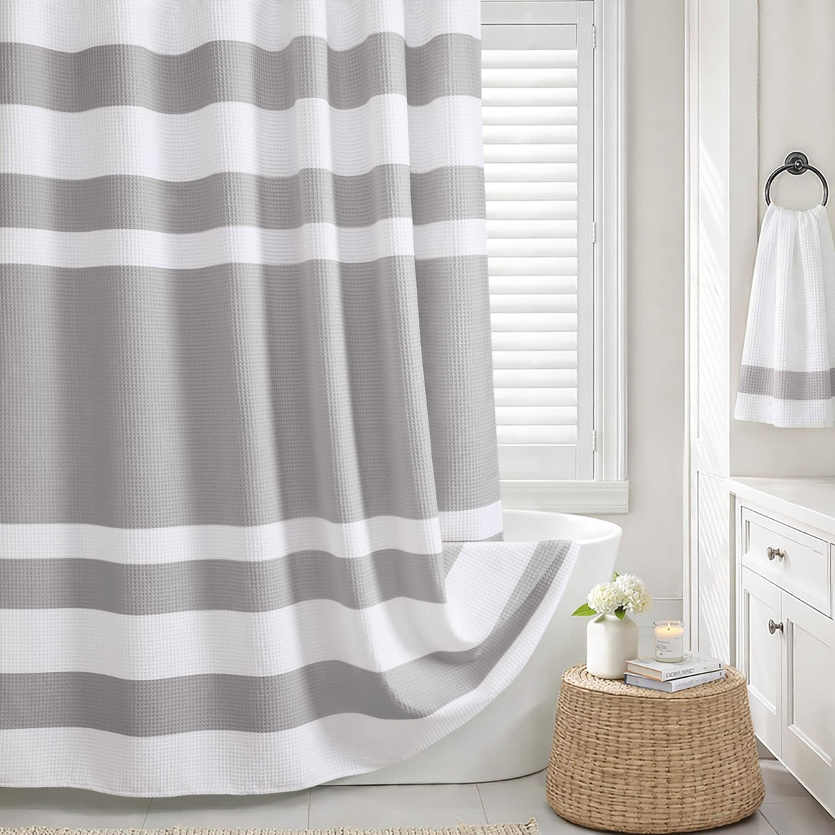 Waffle Weave Shower Curtain Heavyweight Cotton Fabric Beige 72Wx72L